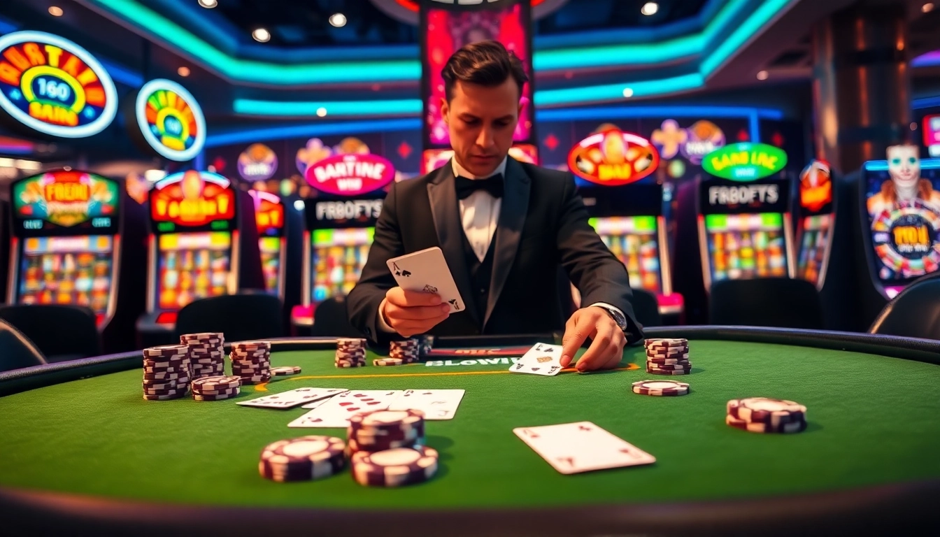 Experience the excitement of F8BET with a vibrant casino scene featuring poker tables and slot machines.