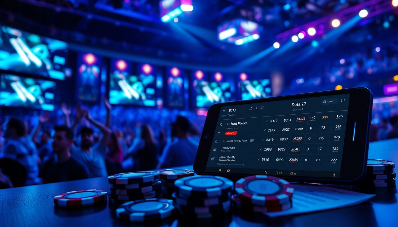 E1 Sport Dota 2 betting excitement with a modern esports arena, fans, and dynamic odds display.