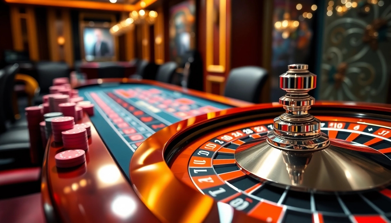 Engaging scene of GemBet casino with roulette table and vibrant chips for players.